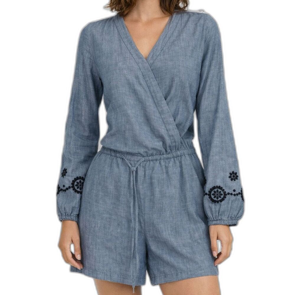 Loft Beach Womens S Blue Cotton Long Sleeve Shorts Romper